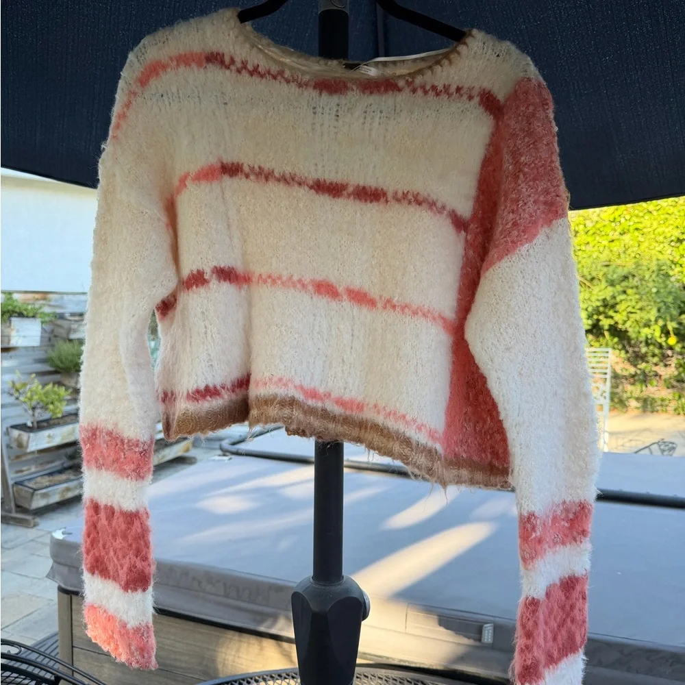 Free People Cream Fuzzy Off-Shoulder Sweater with Coral & Brown Accents